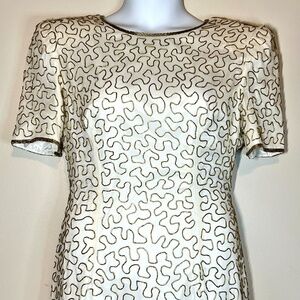 Vintage Joan Leslie Evening Dress Silk Sz 10 Cream Ivory gold Beaded Stunning!‎